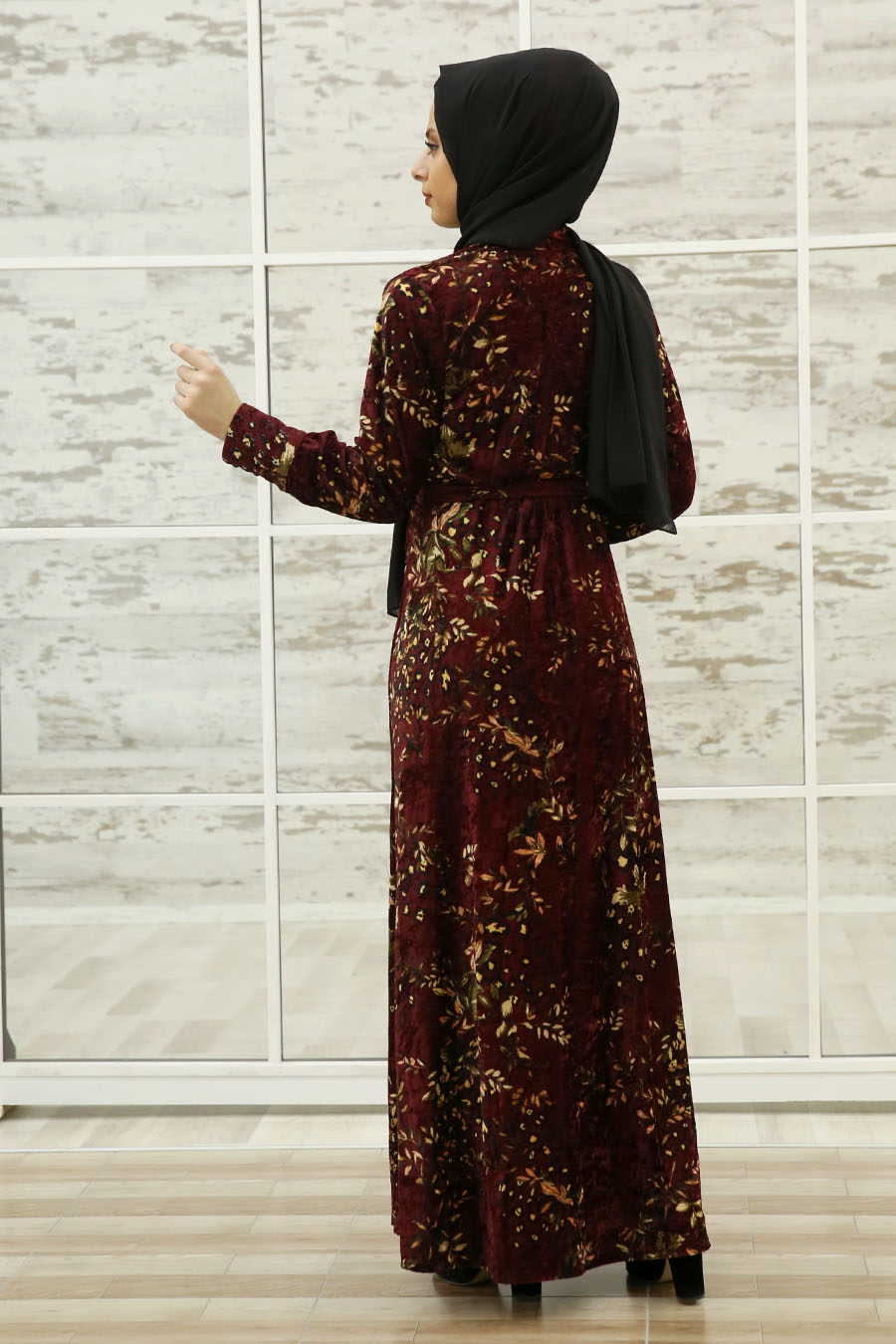 FLOWER PATTERNED CLARET RED DRESS